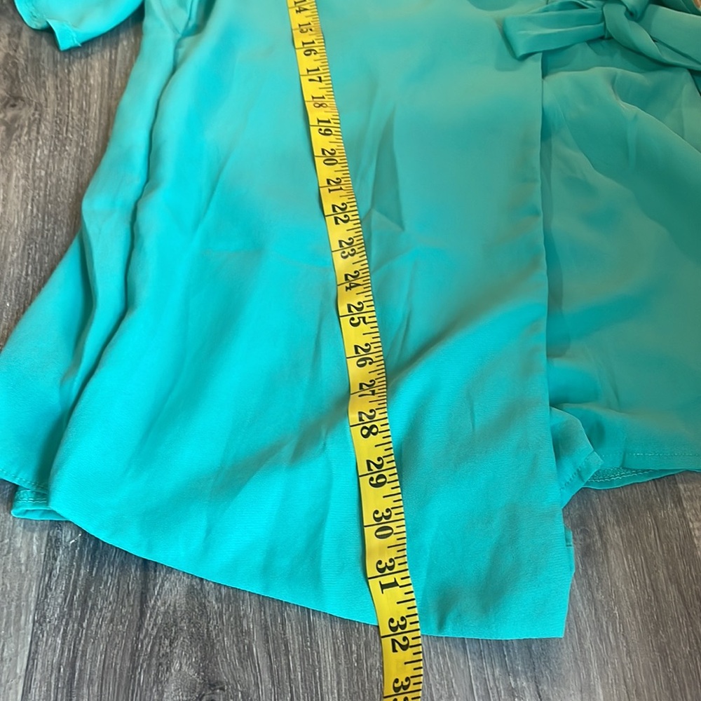 Teal Wrap Romper, open shoulder,ruffle, shorts,side tie, skorts,large - Picture 10 of 13